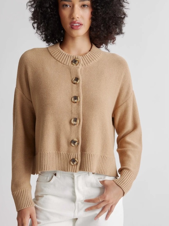 Quince Sweaters - Quince Taupe Button-Front Crew Orhanic cotton Cropped Cardigan. Size M